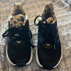 Adidas Kids Black Sneakers with Blue Stripes